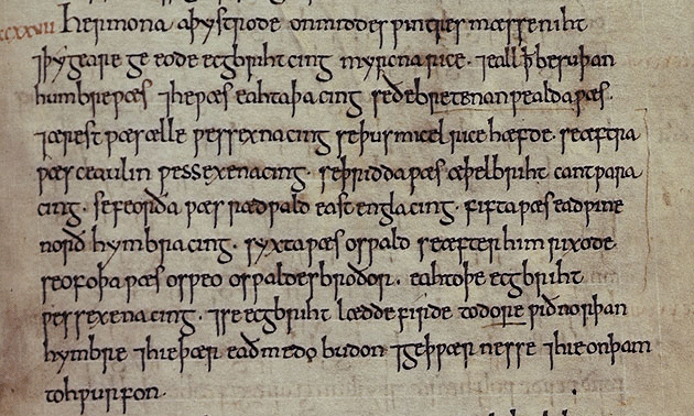 The entry for 827 in the [C] ms. (one of the Abingdon manuscripts) of the Anglo-Saxon Chronicle, listing the eight bretwaldas; Æthelberht's name, spelled "Æþelbriht", is the second-to-last word on the fifth line