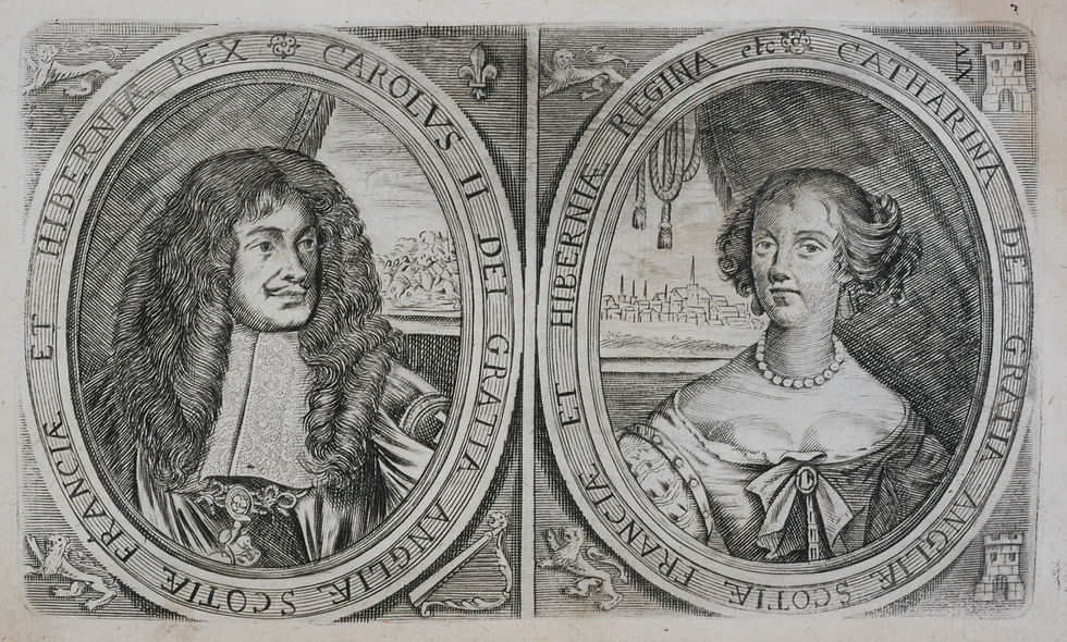 Plate XIV, portraits of Rex Carolus II (Charles II of England) and his wife Regina Catharina (Catherine of Braganza) 1685