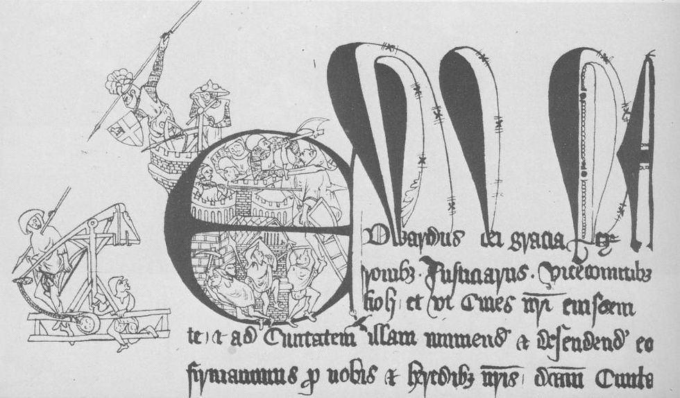 Detail from Royal charter awarded to Carlisle; Andrew Harclay throwing spears at the soldiers below
