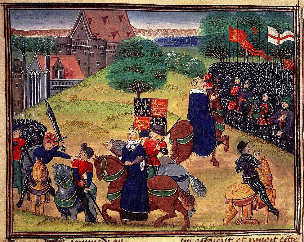 Image:14th-century depiction of William Walworth killing Wat Tyler; the King is represented twice, watching events unfold (left) & addressing the crowd (right). British Library, London.