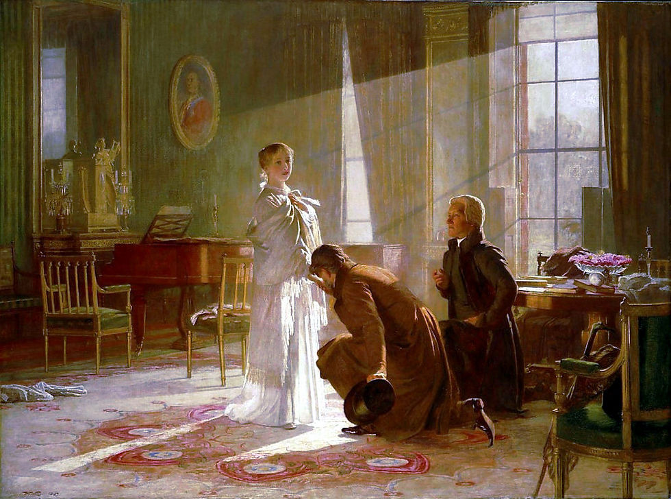 Portrait: Victoria receives the news of her accession from Lord Conyngham (left) & the Archbishop of Canterbury. Engraving after painting by Henry Tanworth Wells, 1887.
