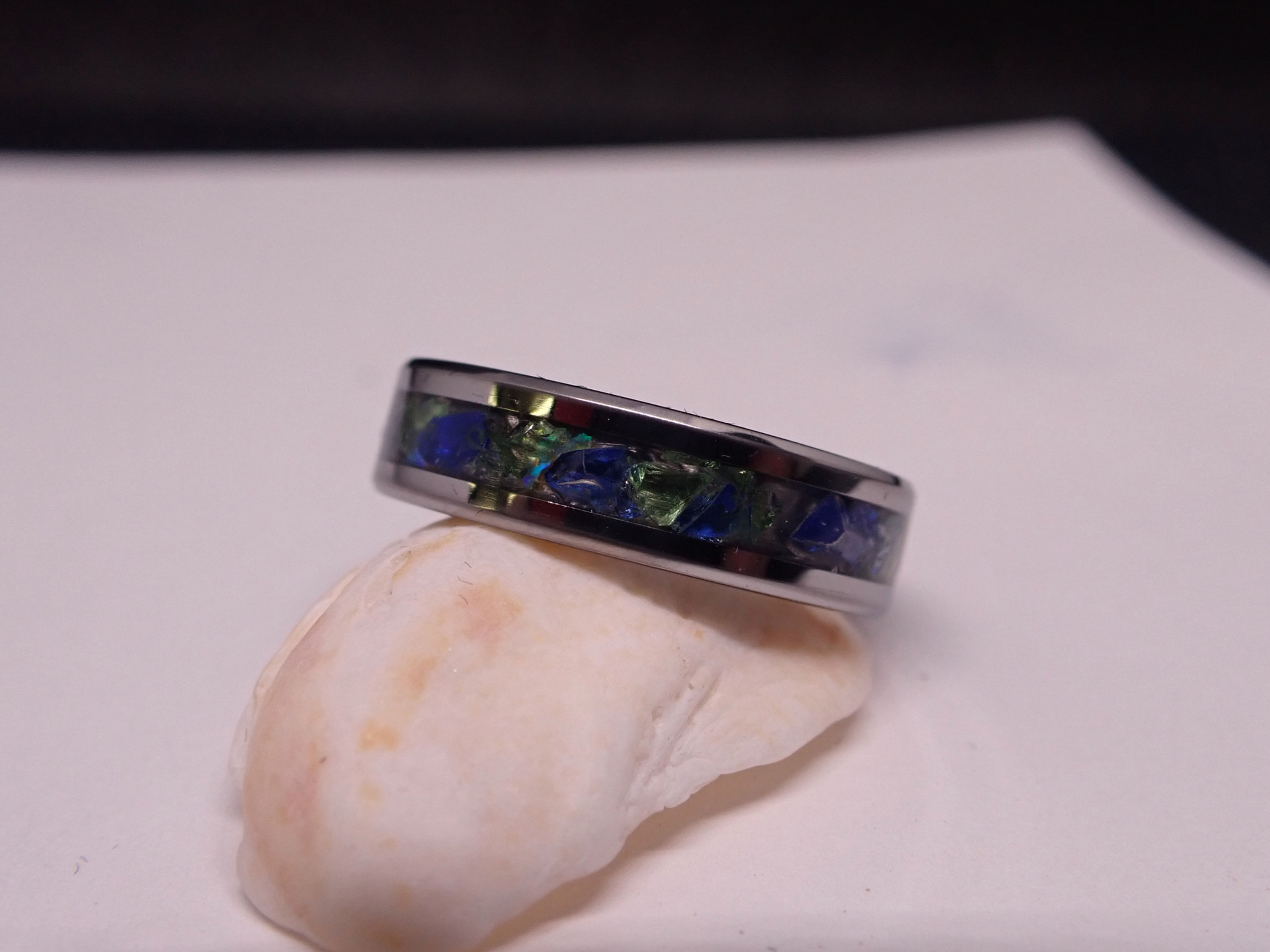 Size 9 6mm Tungsten Ring Inlaid with Blue & Green Sea Glass
