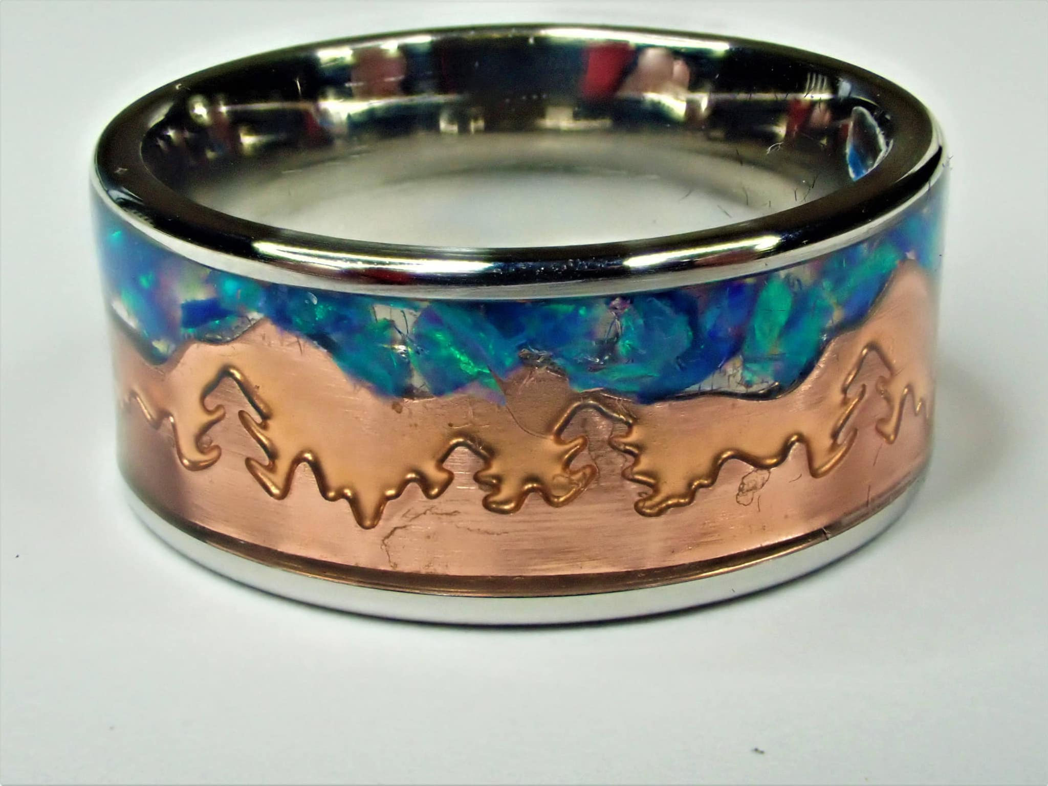 10mm Stainless Steel Ring Inlaid with Copper Mountains and Opals