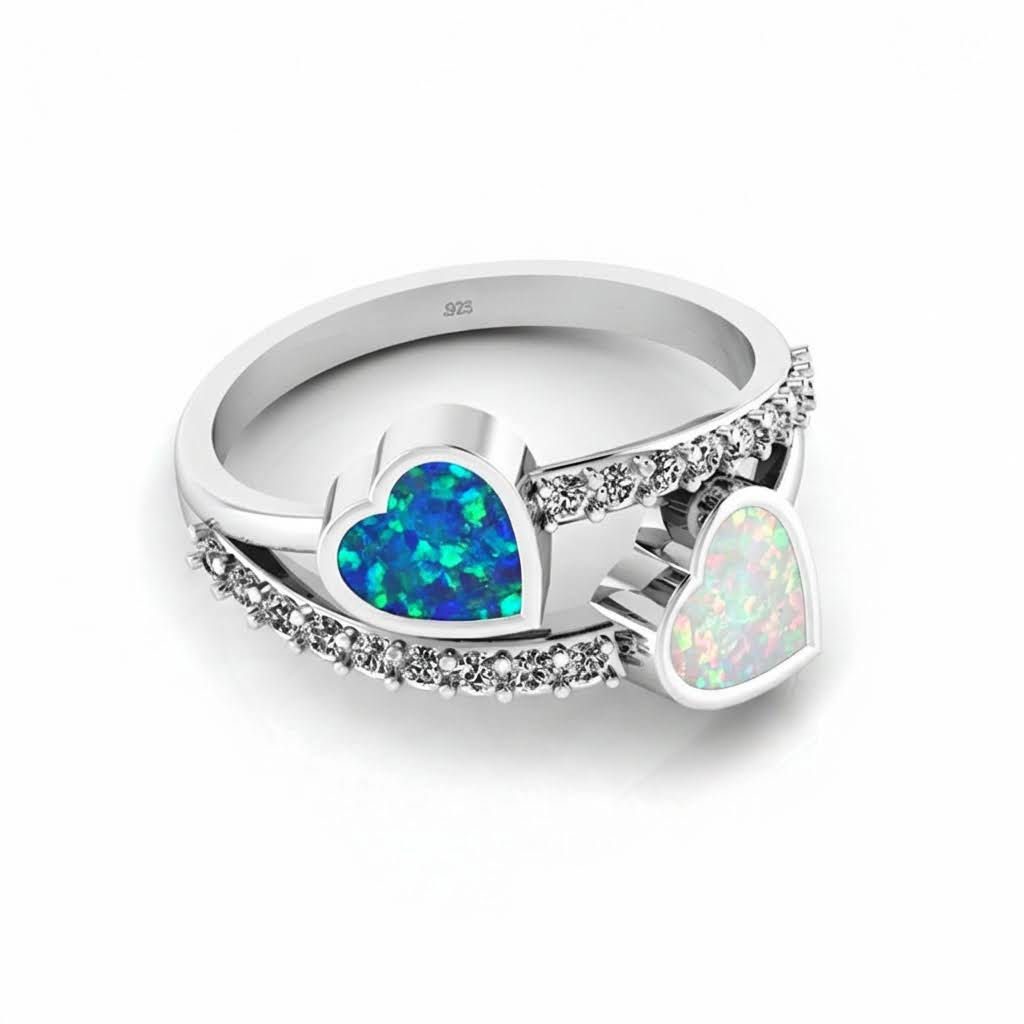 Sterling Silver Linked Hearts Opal Ring