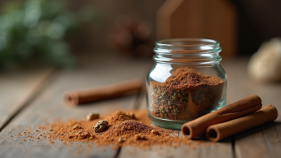 Eye-level view of a small glass jar filled with cinnamon sticks and dried herbs
