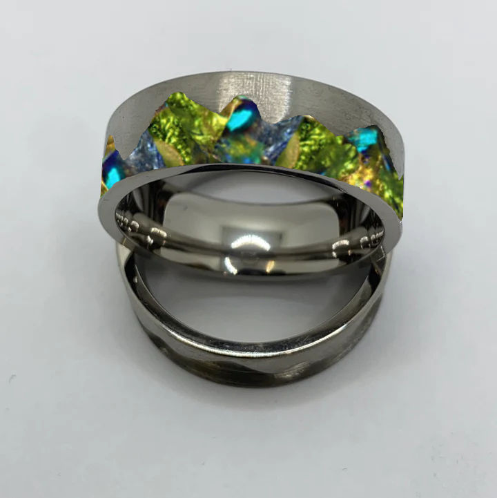Thumbnail: 8mm Stainless Steel Mountain Ring Inlaid with Sea Glass and Opals