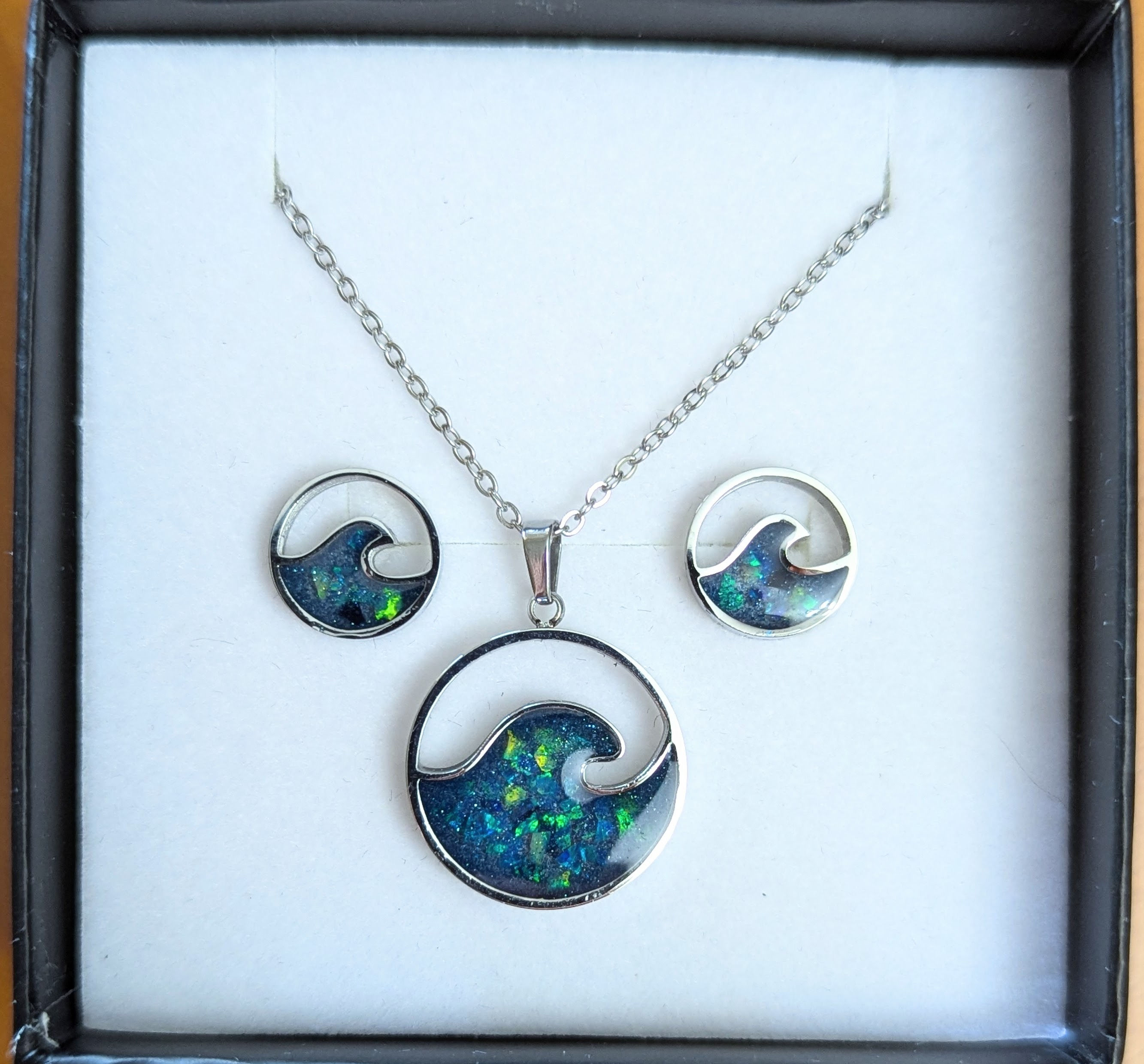 Stainless Steel Wave Pendant with Blue & Green Opals with Matching Earrings