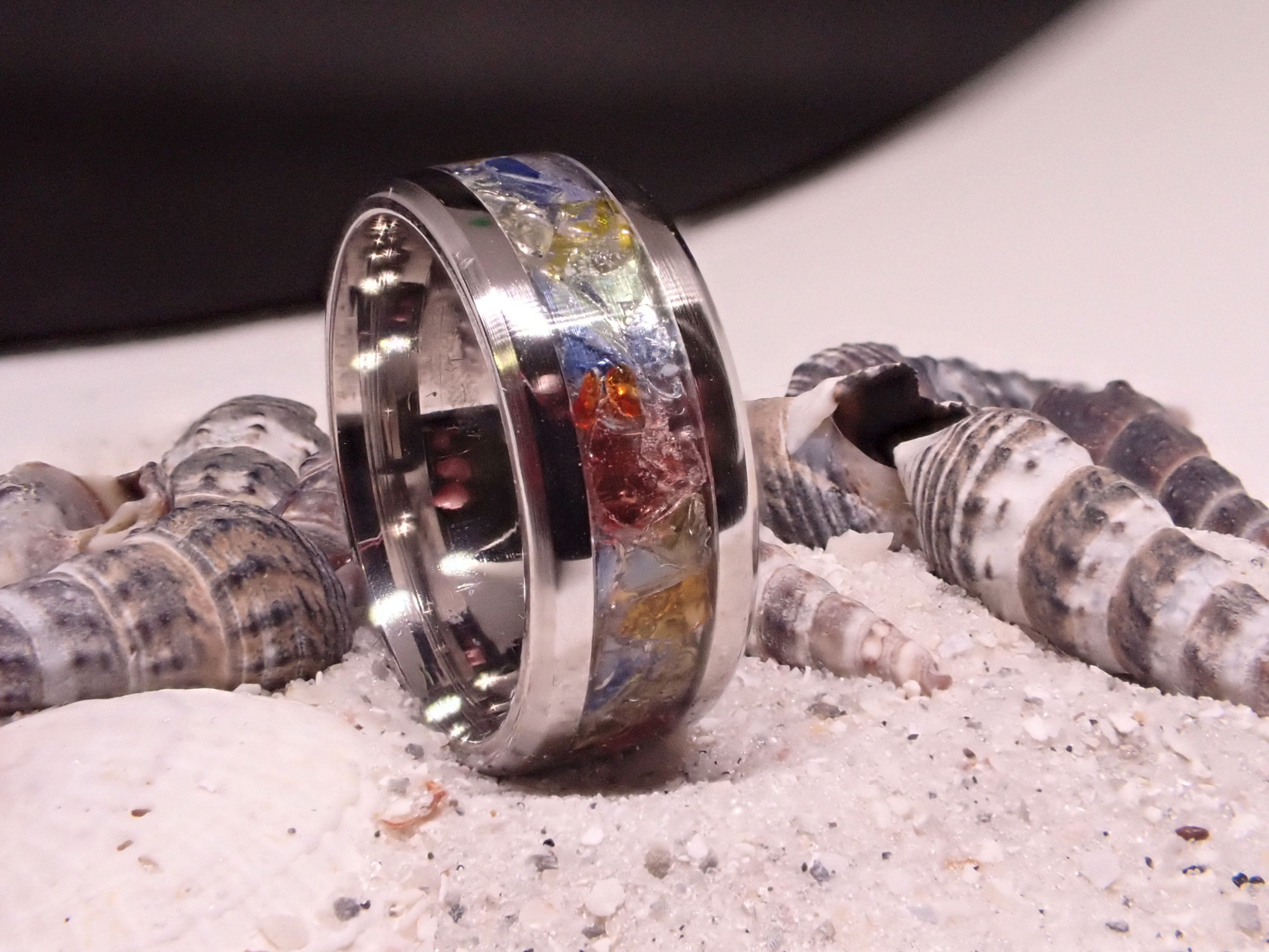 Size 6.5 8mm Stainless Steel Ring Inlaid with Multicolour Sea Glass
