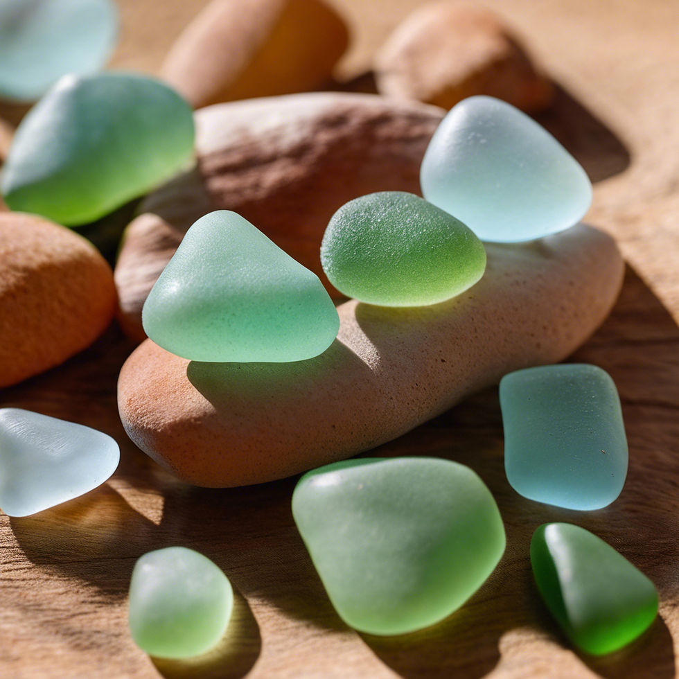 pieces of blue and green sea glass on rocks
