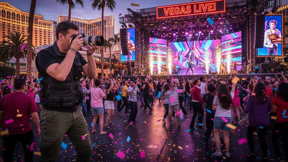 Eye-level view of a photographer capturing a vibrant Las Vegas event scene