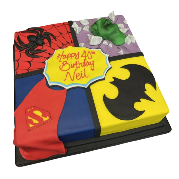Bespoke celebration cake featuring Spiderman, Hulk, Superman, and Batman figures in Solihull, West Midlands.