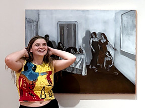 Artist Liesbeth Blundell in front of her oil painting capstone project at Tulane University Carrol Gallery
