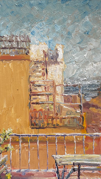 impasto painting of a ocean view from a balcony in Barcelona