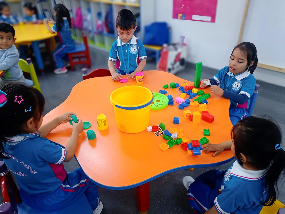 Eye-level view of a colorful classroom filled with educational materials