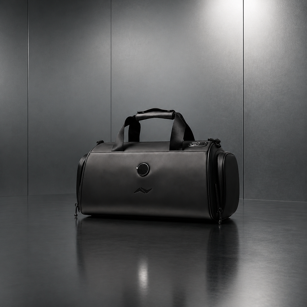 Sleek black duffel in minimalist studio.png