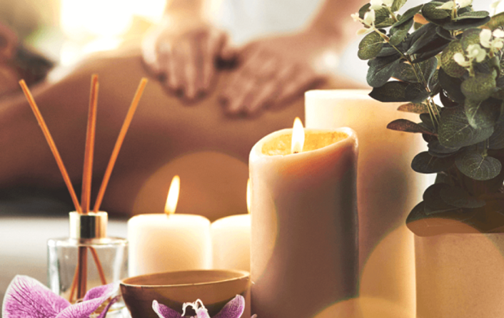 "Ambiente de aromaterapia com óleos essenciais, criando relaxamento e equilíbrio emocional."