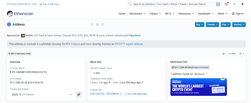 Etherscan page showing Ethereum address details, including balance, transaction history, and security note. Blue and gray color scheme.