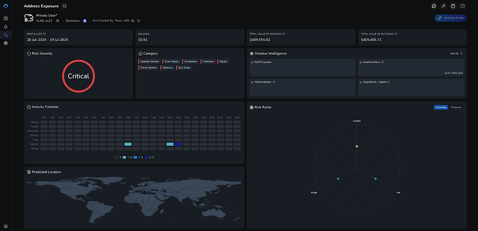 Dashboard displaying critical risk alert, transaction data, and activity timeline. Features maps and charts in a dark theme.