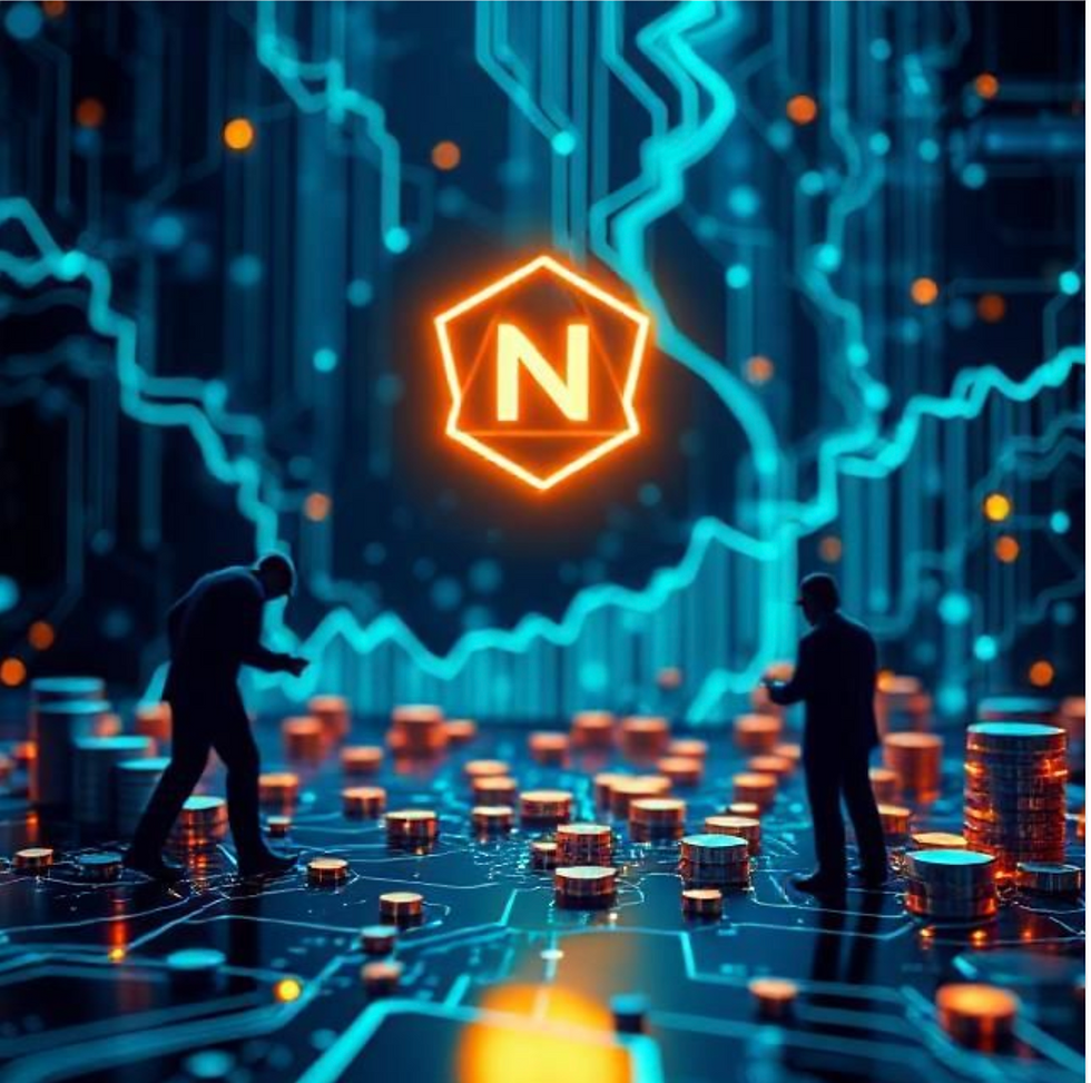 Silhouetted people stand on a circuit board with glowing orange coins and a hexagon with "N" on a digital background, conveying tech innovation.