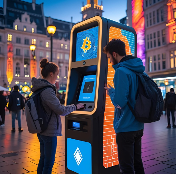 Two people use a Bitcoin ATM at night in a city square. The machine is illuminated in blue and orange. Buildings and lights in the background.