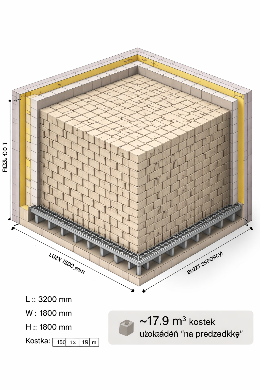 Przekrój sztosu mediów ceramicznych RTO – kostki ułożone na przekładkę ~17.9 m3