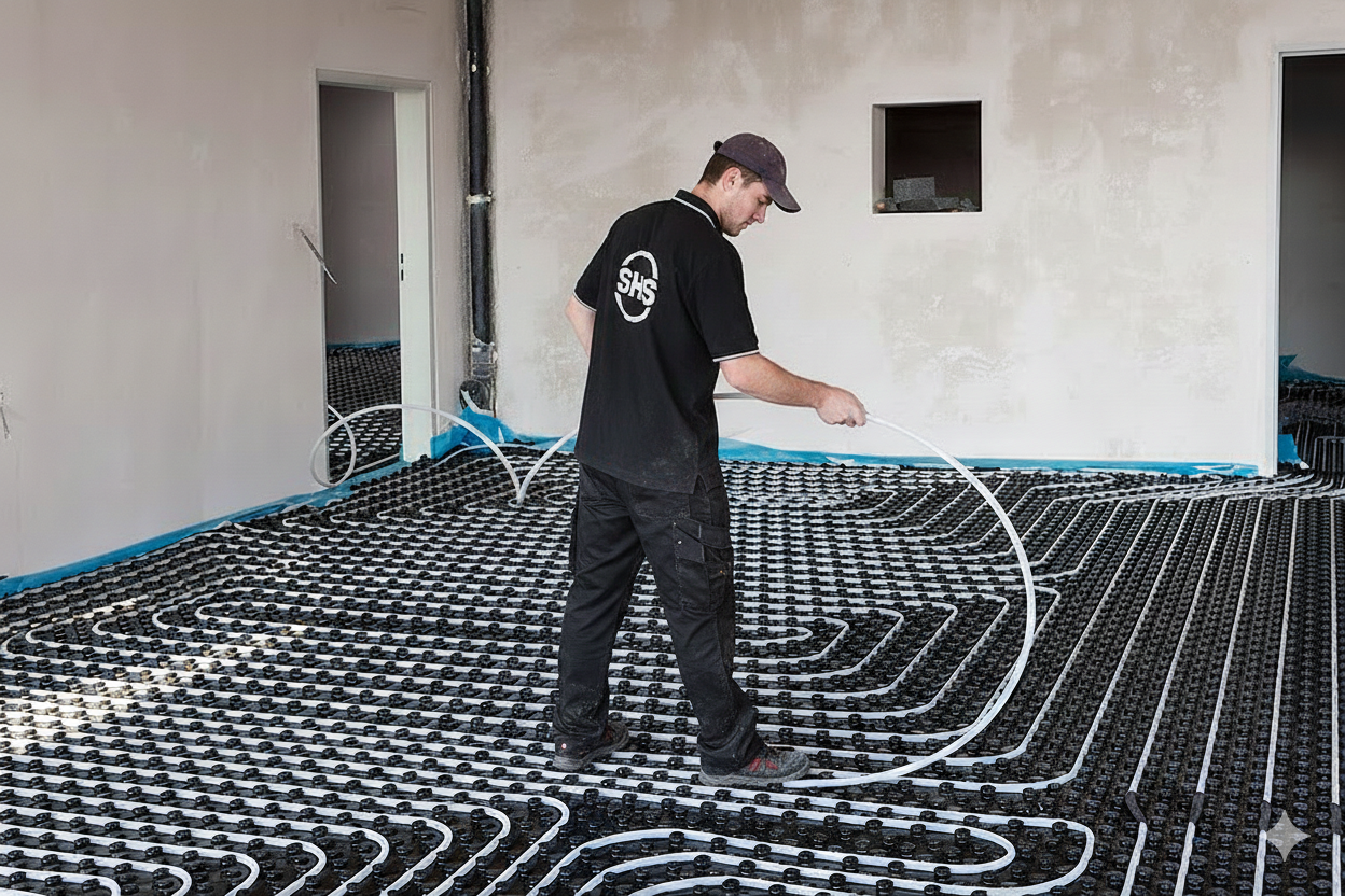 Pracownik SHS rozkłada ogrzewanie