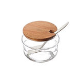 Glass Jar with Lid, with Spoon Leone, Acacia/Glass/Melamine, Ø8x6cm