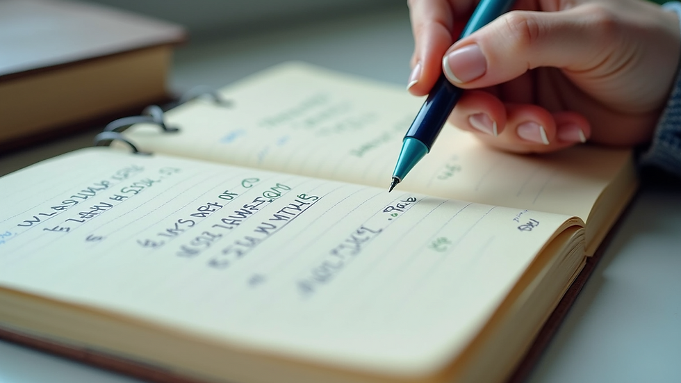 Close-up view of a journal with handwritten goals and colorful pens