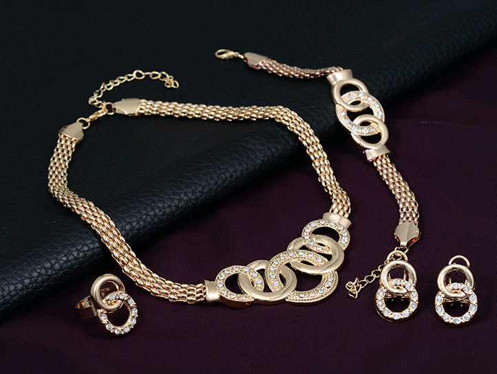 Thumbnail: 18K Gold-Plated Jewelry Set: Necklace, Earrings, Bracelet, Ring