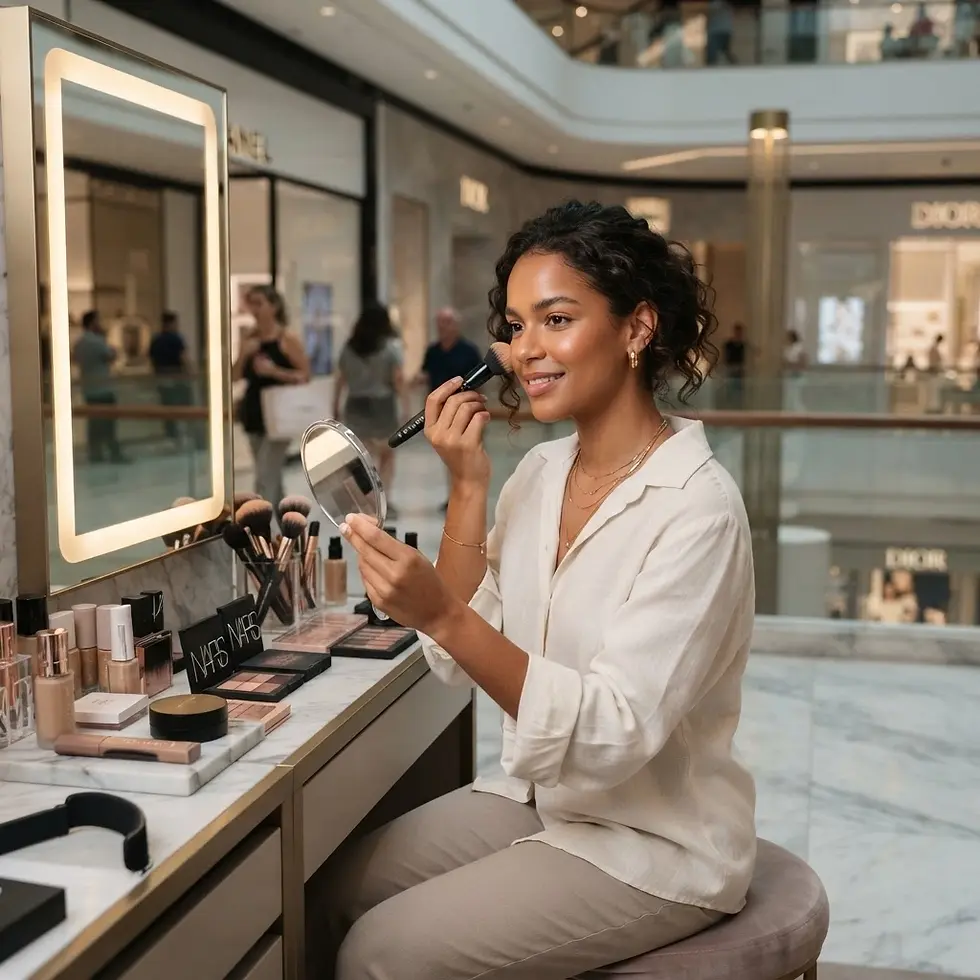Packshot photography of a woman applying makeup with a brush at a vanity. She holds a mirror, looking pleased in a bright shopping mall.