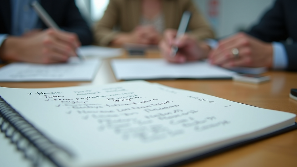 Close-up view of a notebook with handwritten notes during a team brainstorming session
