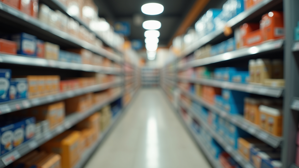 Eye-level view of a retail store shelf with neatly organized products