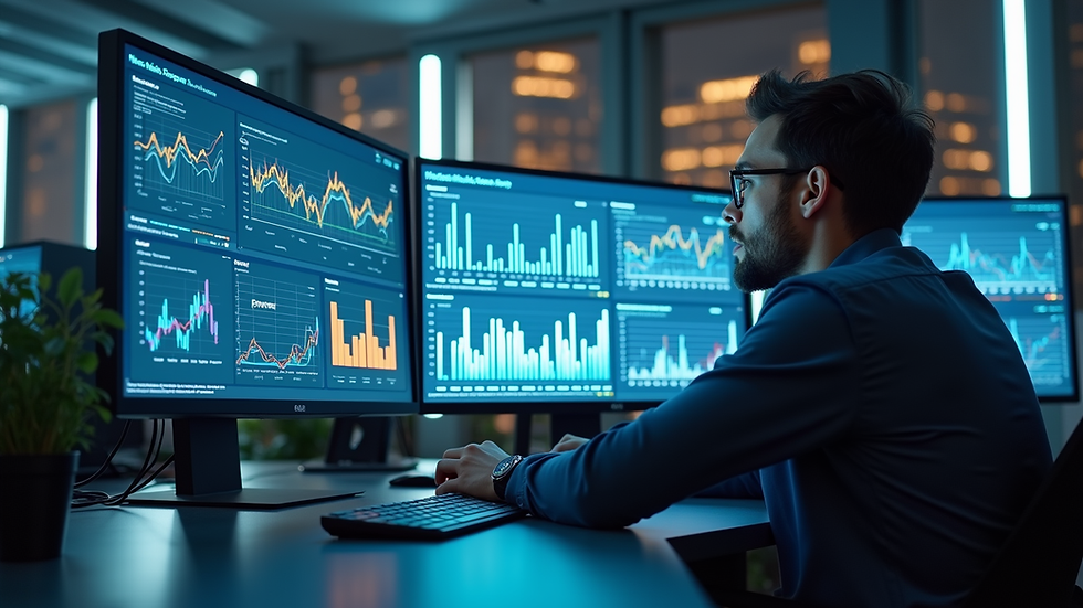 Eye-level view of a modern office workspace with multiple screens displaying data analytics