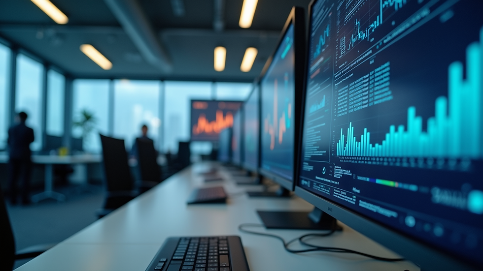 Eye-level view of a modern office with digital screens showing data analytics