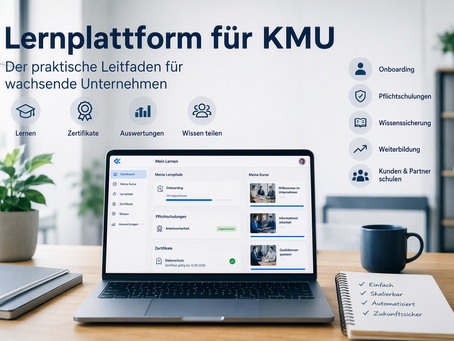 Ein Bild, das einen Laptop zeigt, der geöffnet ist und eine Lernplattform für KMU anzeigt.