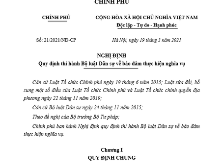 ĐIỂM MỚI CỦA THẾ CHẤP TÀI SẢN THEO NGHỊ ĐỊNH 21/2021/NĐ-CP