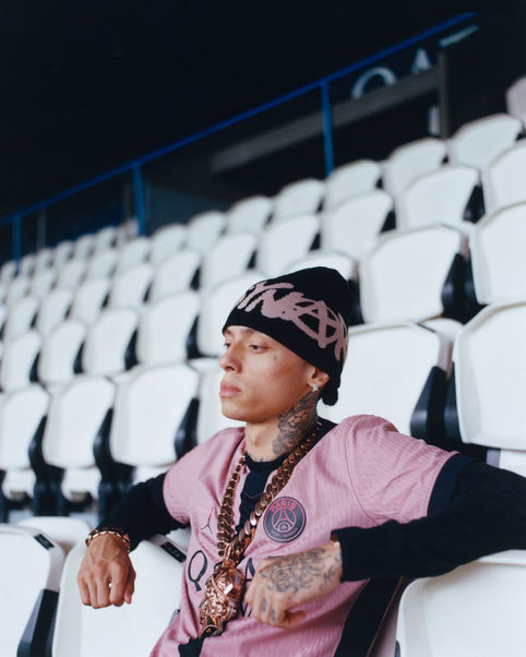 Central Cee wearing Paris Saint-Germain third kit for the release of his new album Can't Rush Greatness
