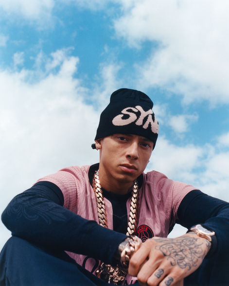 Central Cee wearing PSG third kit on Parc des Princes rooftop the release of his new album Can't Rush Greatness
