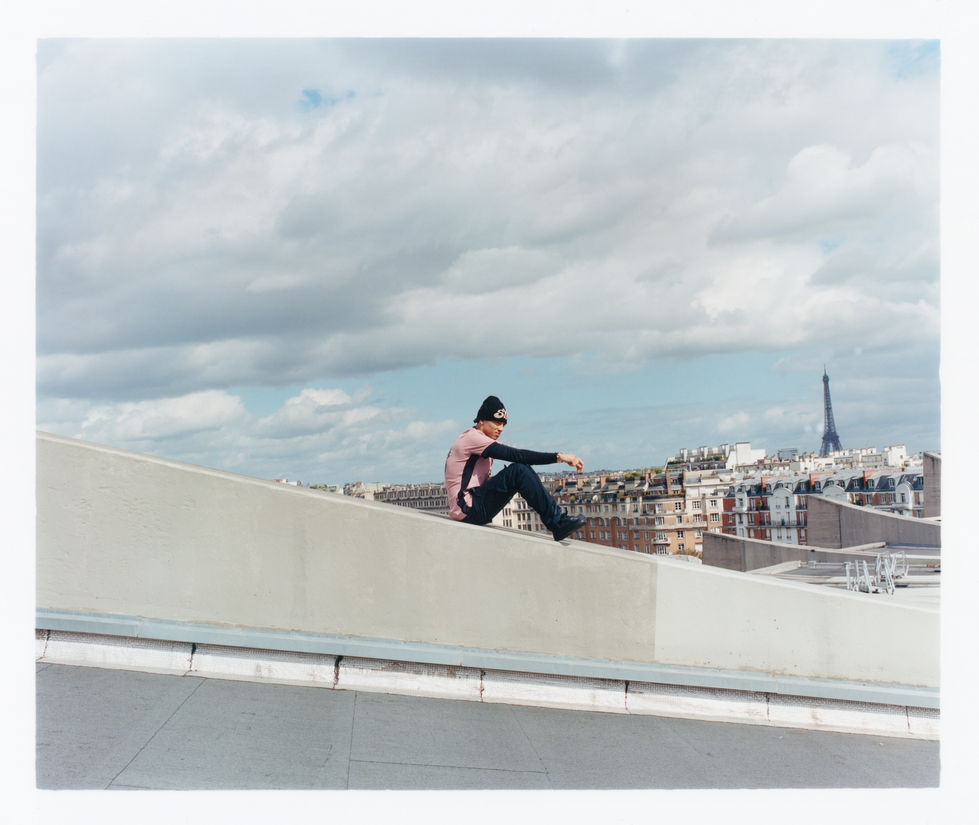 Central Cee wearing PSG third kit on Parc des Princes rooftop the release of his new album Can't Rush Greatness