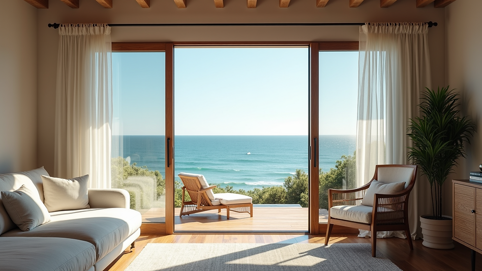 Eye-level view of a cozy beach house with a stunning ocean view