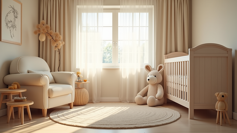 Eye-level view of a cozy baby nursery with soft lighting