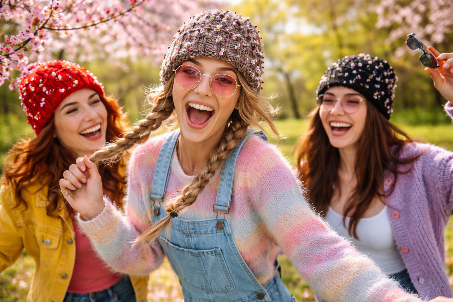 Дамска ръчно плетена шапка с цветя Флора, носена през пролетта.