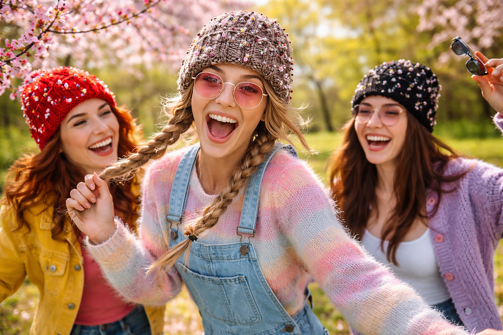 Дамска ръчно плетена шапка с цветя Флора, носена през пролетта.