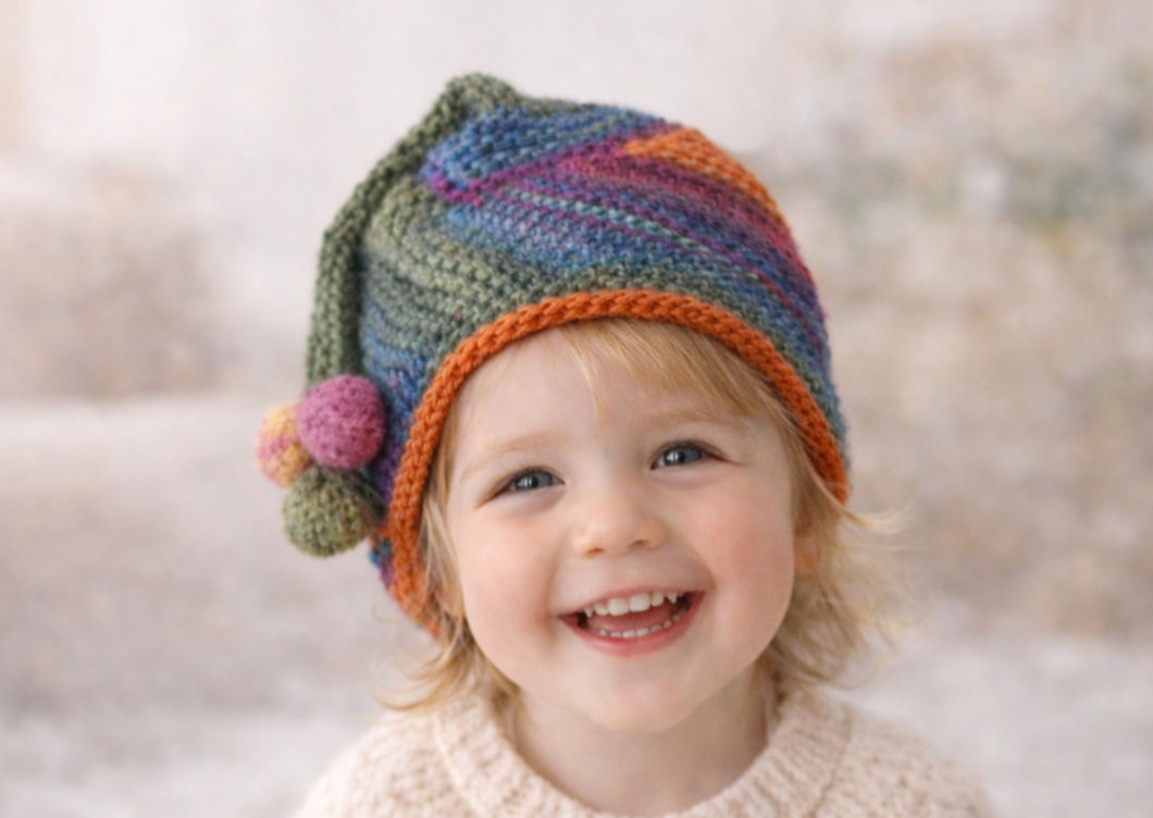 Детска плетена шапка ръчна изработка, носена от усмихнато дете
