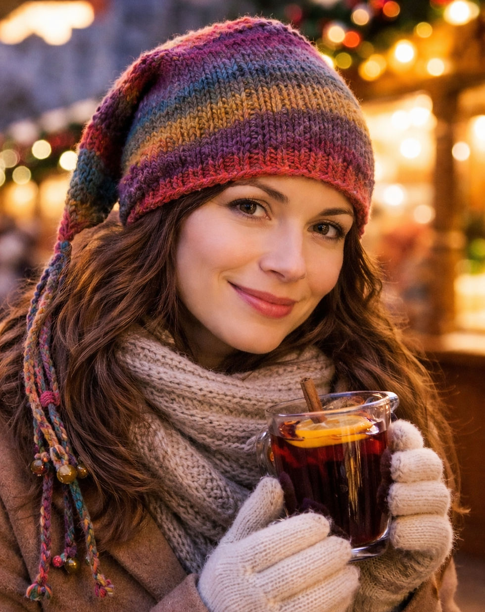 Ръчно плетена цветна зимна шапка с връзки, носена от жена, държаща чаша топла напитка в уютна вечерна атмосфера