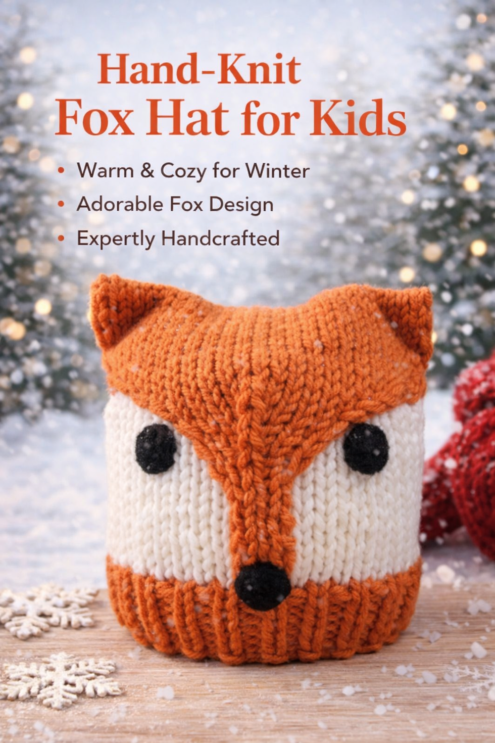 Ръчно плетена детска шапка лисичка в оранжево и бяло – топла, мека и усмихната зимна шапка за деца
