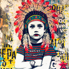 « Native lives matter » 80 x 80 cm. sur toile . Collage/acrylique /résine et encadrement