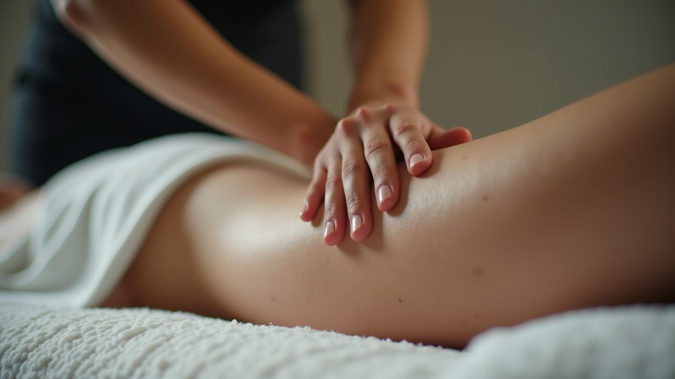 Close-up view of a massage therapist applying deep tissue massage on a calf muscle