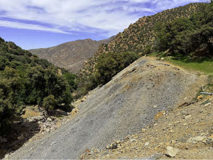 A trail built up with waste material from the historic Goundafa mine