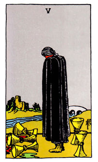 Five of Cups tarot card — cloaked figure mourns over three spilled cups while two remain upright behind him beside a river, Rider–Waite depiction.